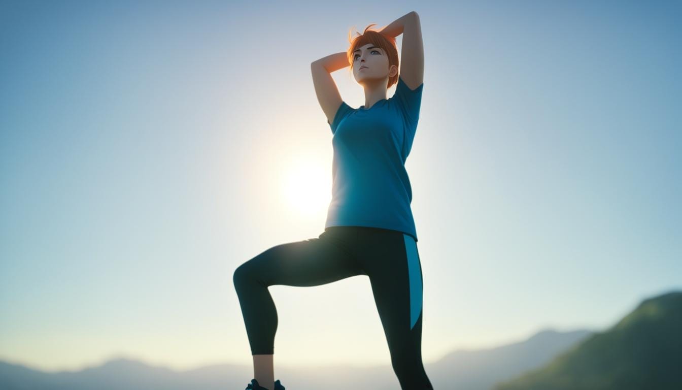 Show a person stretching their muscles before a workout. They are standing with their legs shoulder-width apart, and their arms are reaching towards the sky. The sun is rising in the background, casting a warm glow over the scene. The person has a determined look on their face, ready to tackle their workout with strength and focus.